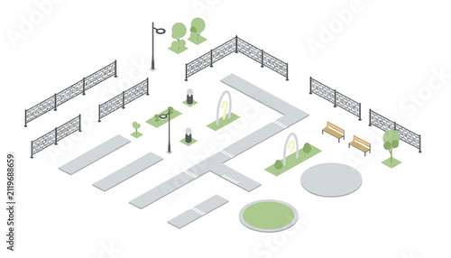 Isometric view of empty city street plan with fenced enclosures street lamps and pedestrian crossing lines.