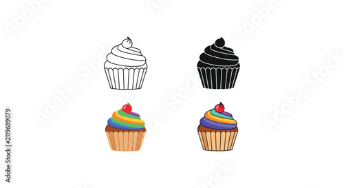 Colorful Cupcake Set with Sweet Frosting Cherry Toppings and Bakery Dessert Vector Illustration for Birthday Party Celebration and Festive Decorations