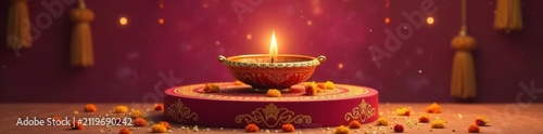 Ornate diya on podium with marigold flowers, traditional Indian backdrop , yellow, design