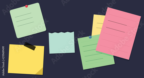 Colorful sticky notes pinned to a dark blue surface flat vector illustration