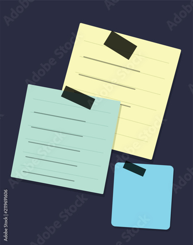 Stack of papers with tape vector illustration on dark blue background