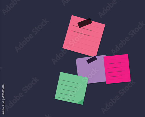 Colorful sticky notes with tape on dark blue background flat vector illustration