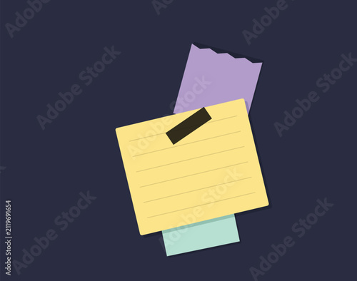 Sticky notes on dark blue background flat vector illustration for notes and reminders