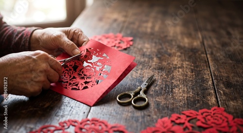 Woman cutting red paper to make traditional Chinese paper cut art. Artisan working on floral pattern design for Lunar New Year decoration. Cultural craft and handmade holiday hobby.