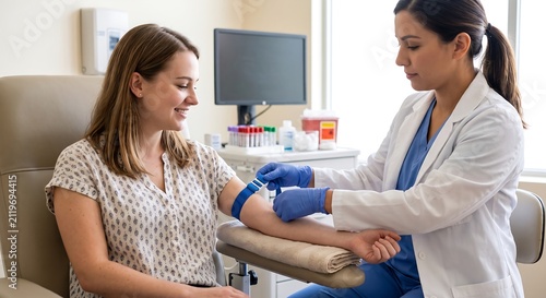 Doctor putting tourniquet on woman arm for blood sample drawing in medical clinic. Professional phlebotomist performing venous access during routine checkup, healthcare service concept.