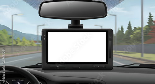 Empty car dashboard mountable navigation system in a vehicle. Driver's perspective of a blank screen in a modern car on a scenic road.
