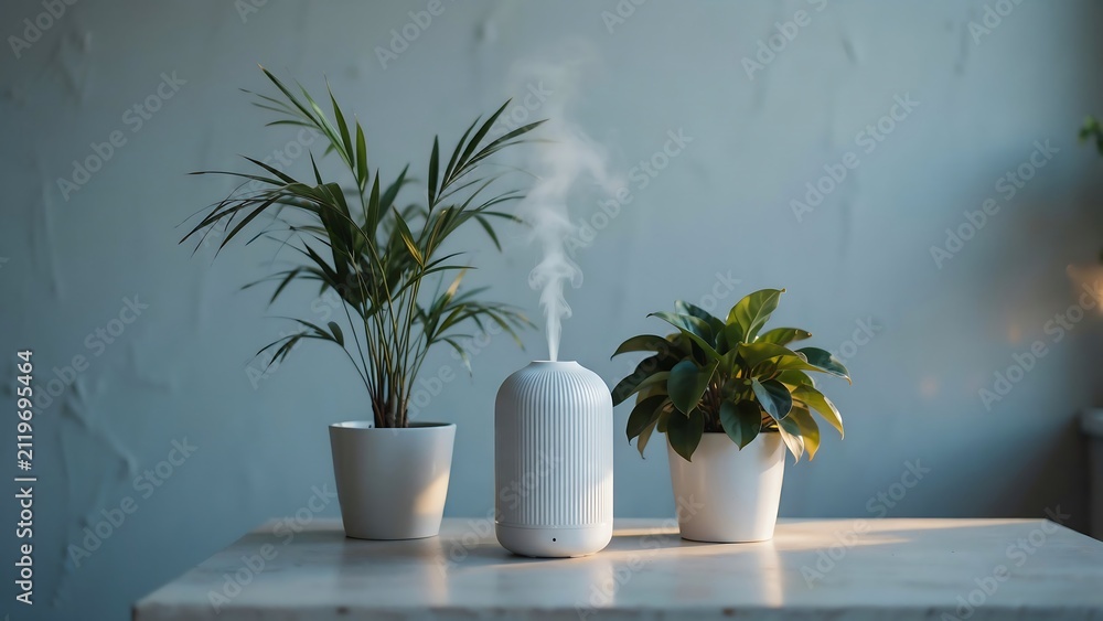 Fototapeta premium A white essential oil diffuser emitting mist between two potted plants