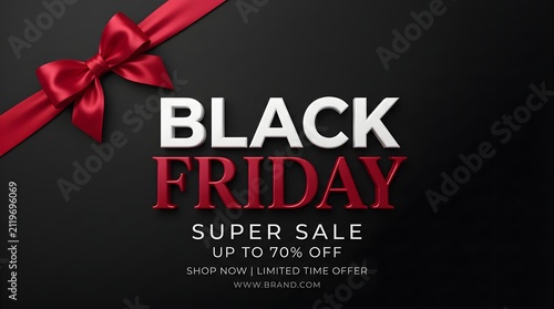 Black friday super sale event banner with red gift bow ribbon on black background, shopping