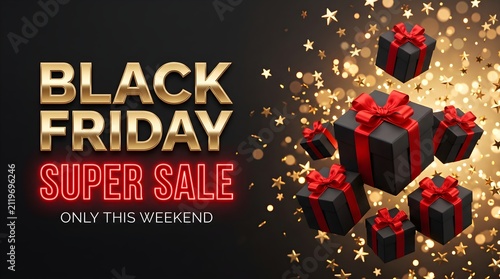 Black friday super sale banner with red ribbon gift boxes and golden confetti