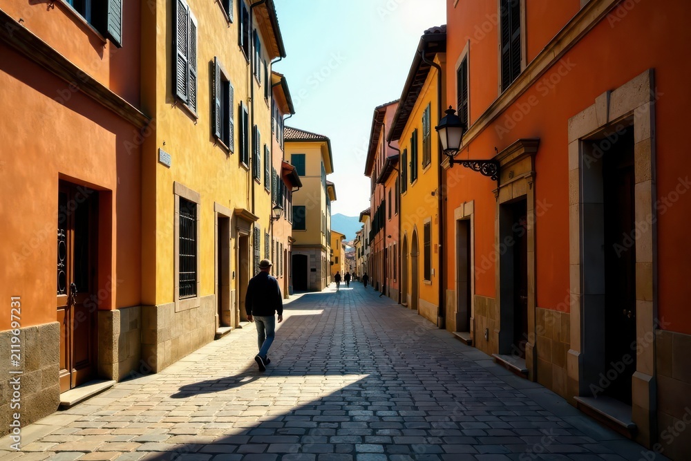 Fototapeta premium A solitary figure strolls down a sun-drenched cobblestone lane, flanked by vibrantly hued buildings with dark shuttered windows.