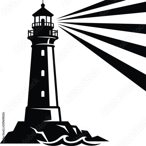 Black and white lighthouse icon with shining light beam on rocky shore