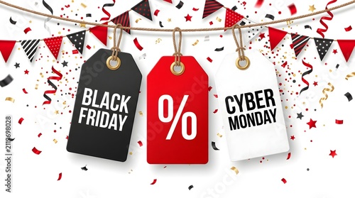 Black friday and cyber monday sale tags hanging on strings with festive bunting flags