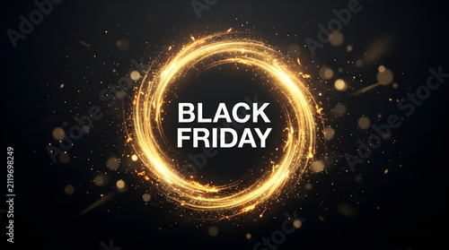 Black friday sale banner with golden circular light trail and particle effect, particle