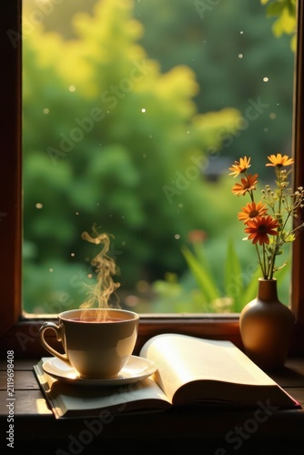 Serene Morning Tea Beside an Open Book with Blooming Flowers in Vase, Bathed in Sunlight Through a Window