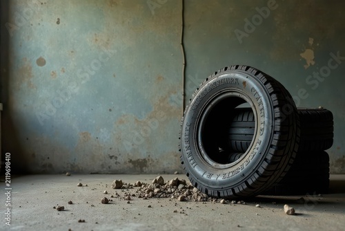 A discarded tire rests on a dusty floor, surrounded by debris, evoking a sense of abandonment and the passage of time in a weathered industrial space.