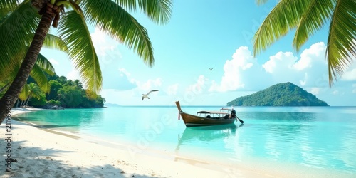 Serene tropical beach scene with a longtail boat gently resting in the turquoise water, framed by lush palm trees and a picturesque island in the distance, offering a tranquil escape.