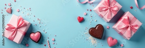 Pastel blue background, gift boxes, heart chocolates, candles, sprinkles, ribbon bows Top view , romance, february, decor