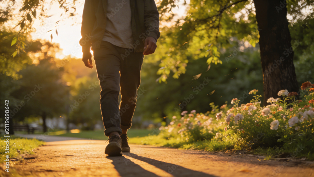 Obraz premium Man walking on a freshly mowed backyard lawn during sunset. Home landscaping and lawn maintenance concept. Backyard garden design with trimmed grass at golden hour in summer season.