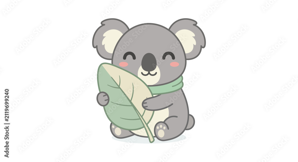 Obraz premium Cute Cartoon Koala Illustration Holding a Large Green Leaf for Nature Themed Design