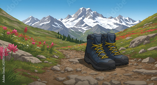 Pair of hiking boots on a mountain trail with wildflowers and snow-capped peaks in the background.