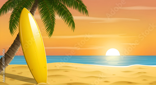 Yellow surfboard leaning against palm tree on beach at sunset