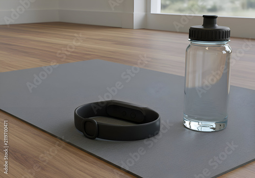 A black fitness tracker and water bottle resting on a gray yoga mat on a light brown wooden floor. Modern fitness accessories on a home exercise space.