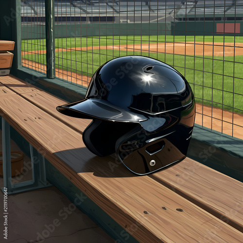 A glossy black baseball helmet rests on a wooden dugout bench, a professional baseball player's gear in a stadium setting. Demographic + professional role with specific location.