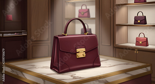Burgundy leather handbag displayed on a marble countertop in an upscale boutique. Elegant accessory resting on a high-end display.