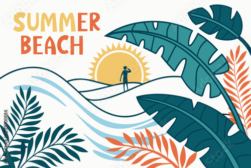 Summer beach scene with a person enjoying the sun. Vibrant tropical landscape with palm leaves and ocean waves.