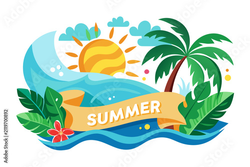 Vibrant summer beach scene with sun, waves, and palm trees. Bright tropical illustration for travel and holiday themes.
