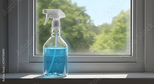 A bottle of blue cleaning spray sits on a windowsill, positioned in front of a blurred view of green trees and a partly cloudy sky. Homeowner cleaning with a spray bottle on a windowsill.