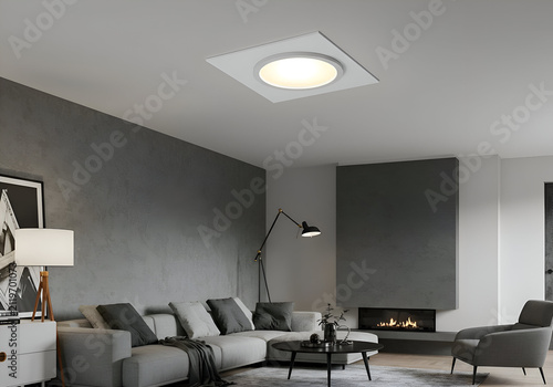 Modern living room with gray furnishings and concrete walls featuring a recessed square ceiling light. Interior design and modern architecture in a contemporary living room.
