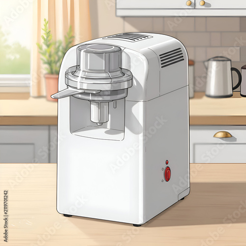 Modern white countertop juicer in a home kitchen setting. The juicer is stationary and features a simple design.