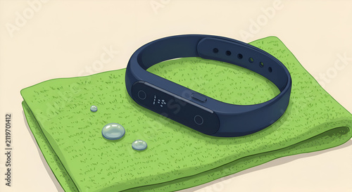 A dark navy blue fitness tracker resting on a lime green towel with water droplets. Modern athletic wearable device on a damp towel for a post-workout setting.