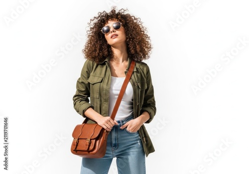 Young woman with colorful hair and sunglasses holding a camera bag
