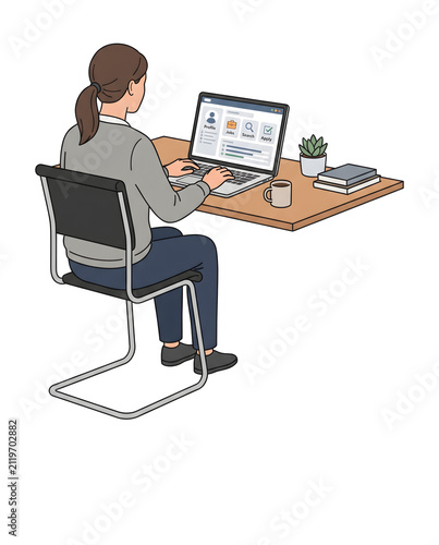 Illustration of a Woman Searching for Jobs Online on a Laptop