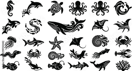 Canvas Print Set of black decorative sea life and marine animal vector silhouettes for aquati