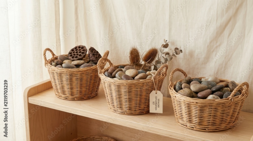 Obraz premium Natural wicker baskets filled with assorted smooth river stones and botanical elements on wooden shelving, a charming educational sensory exploration set for mindful learning environments.