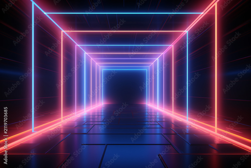Fototapeta premium Abstract neon light geometric background. Glowing neon lines. Tunnel or corridor neon light design. Rectangular laser lines. Night club empty room. Stage laser show. LED technology. Generative AI.