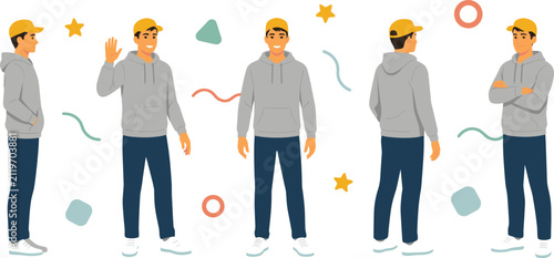Foto Young Man Character Concept Set Showing Various Poses Wearing Hoodie and Cap fro
