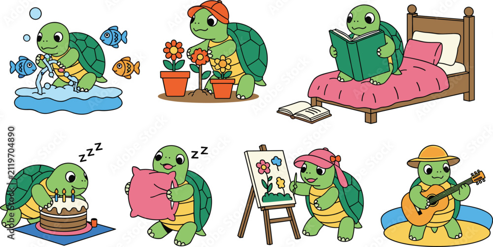 Fototapeta premium Turtles Engaging in Various Activities Like Reading, Gardening, and Painting Featuring Playing, Guitar, Sleeping with Eating