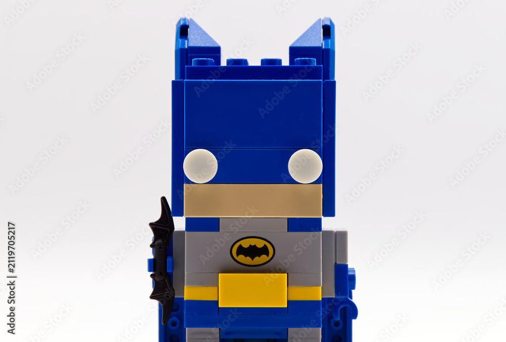 Fototapeta premium Bologna - Italy - July 30, 2026: Lego building block figurine of Batman, classic superhero character isolated on a white background.