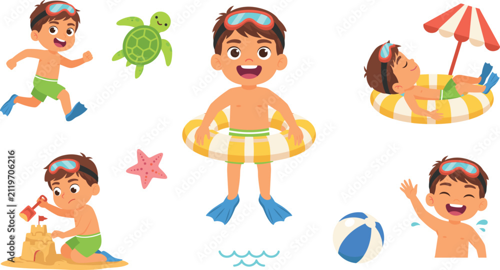Fototapeta premium Cute Little Boy Character Beach Vector Set with Inflatable Ring Sandcastle Swimming and Summer Sea Elements for Vacation Graphic Designs