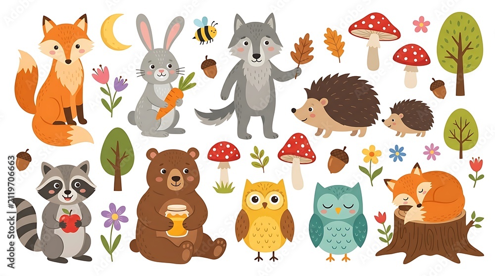 Obraz premium Cartoon forest animals and woodland nature elements set