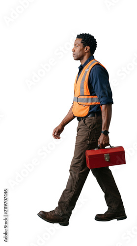 Full body side view of a Black male worker walking with red toolbox