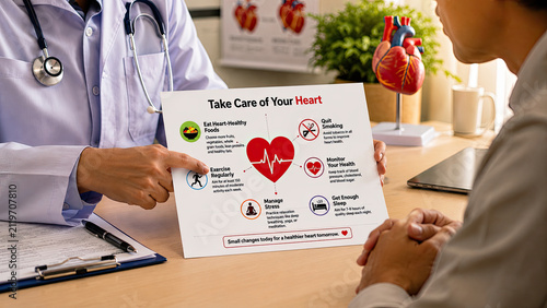 World heart day. Doctor hand pointing to a heart health infographic on a clinic desk. Preventive cardiology counseling concept.