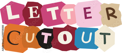 Foto Letter cutout text design in a ransom note style with colorful paper scraps