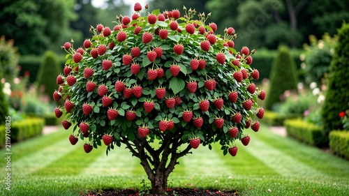 Beautifully shaped raspberry plant in manicured garden setting