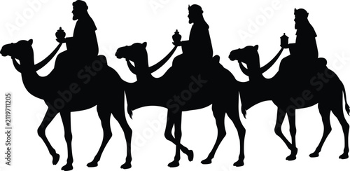 Bild auf Leinwand Black vector silhouette of the Three Wise Men riding camels for Christmas nativi