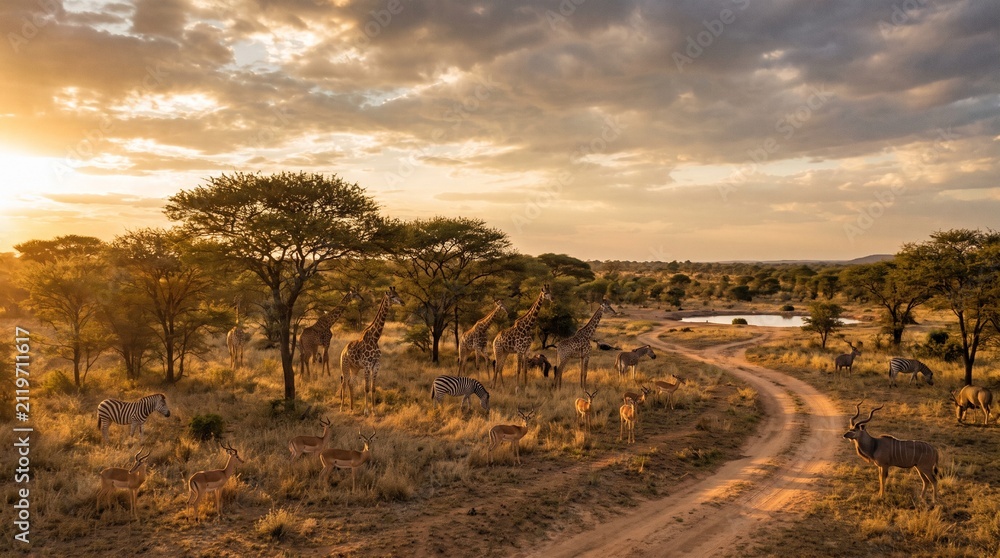 Fototapeta premium African savanna wildlife at golden hour sunset